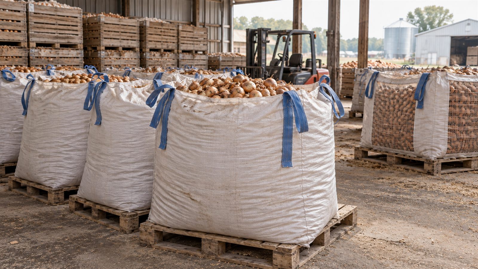 Agricultural FIBC bags used for produce and commodity handling, including ventilated and loop-style bag formats in a field or warehouse setting.