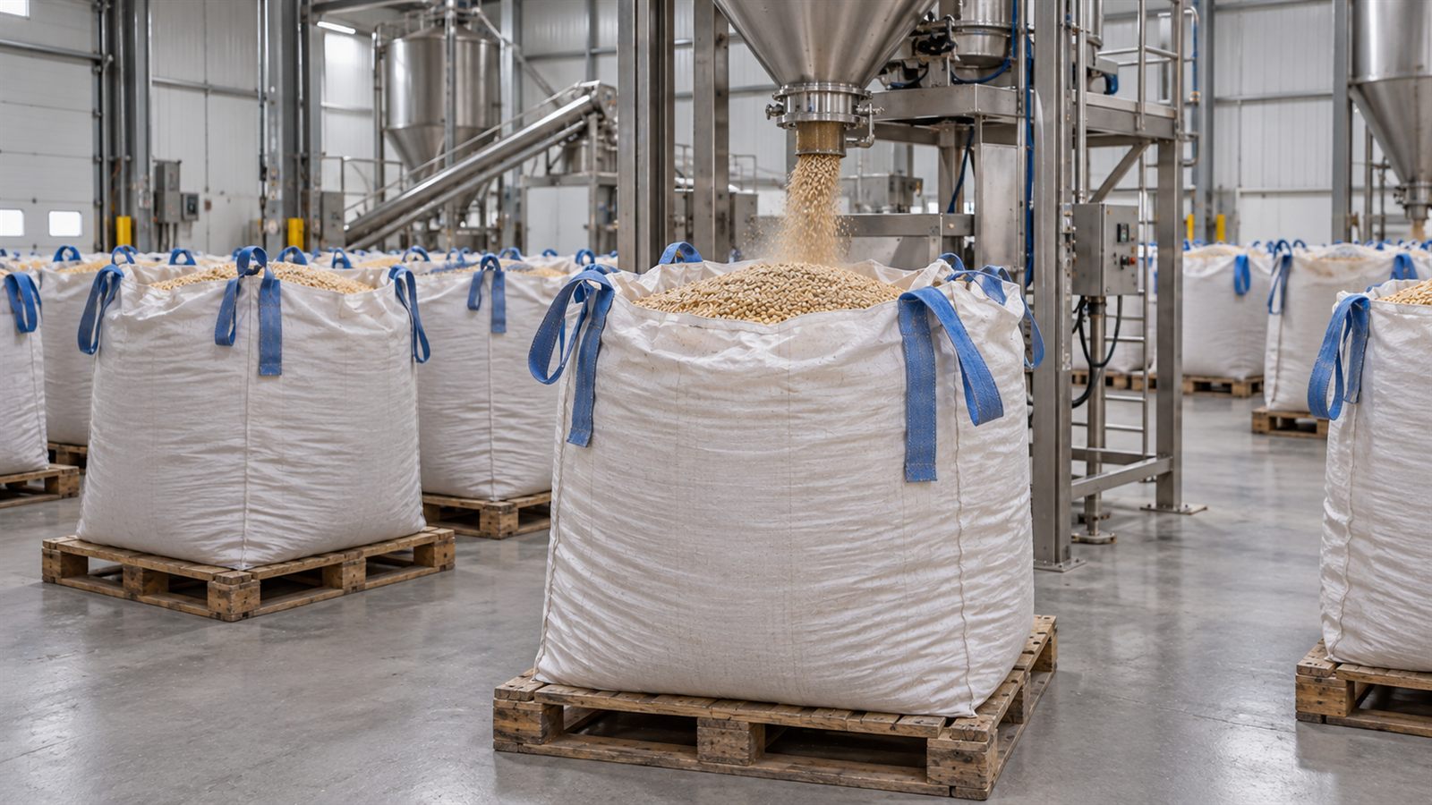 Food ingredient FIBC bags with clean fill setup, lined construction, and organized palletized storage in a dry ingredients facility.
