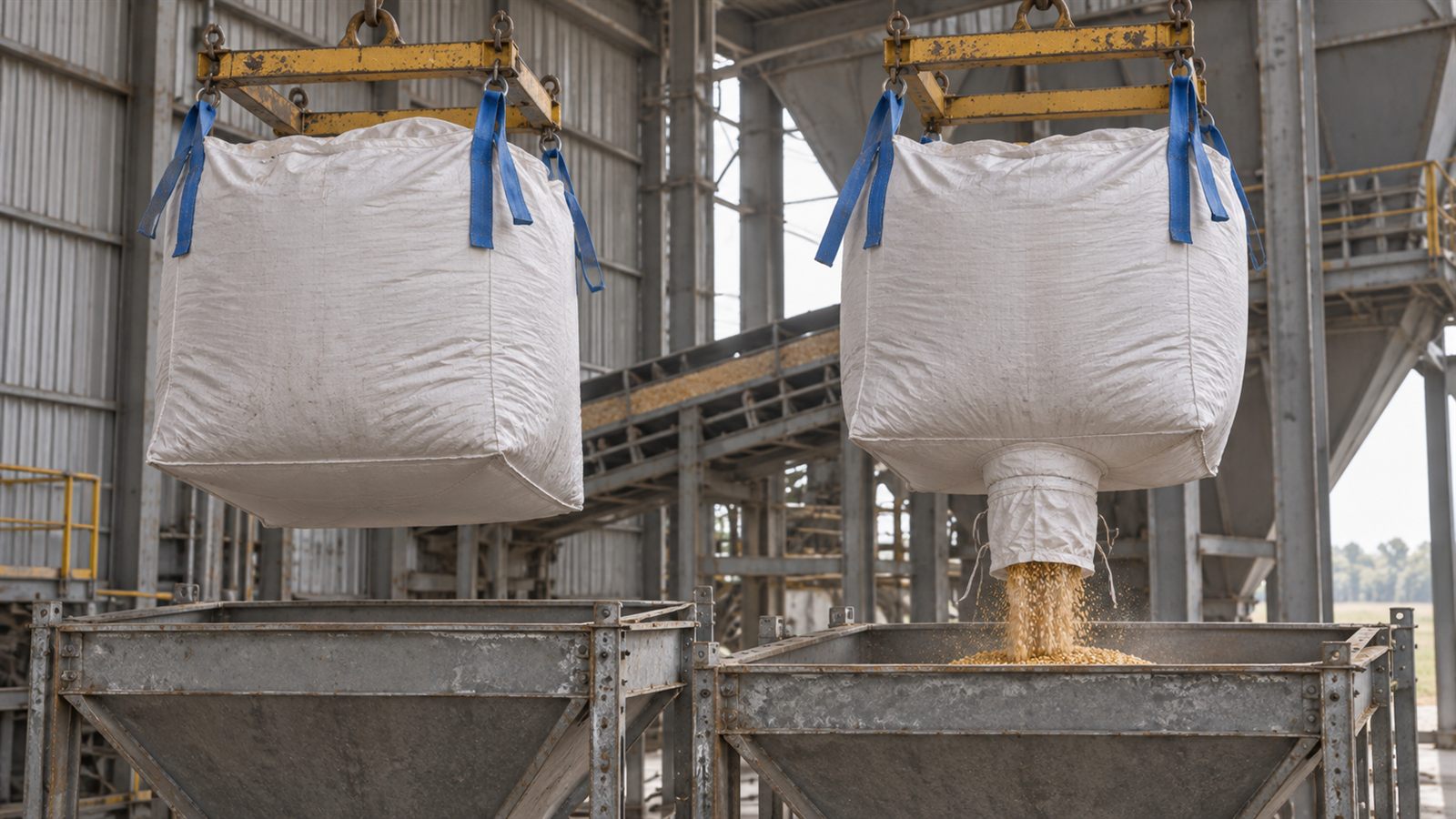 Comparison of flat-bottom and discharge-spout-bottom FIBC bags during industrial unloading into bulk handling equipment.
