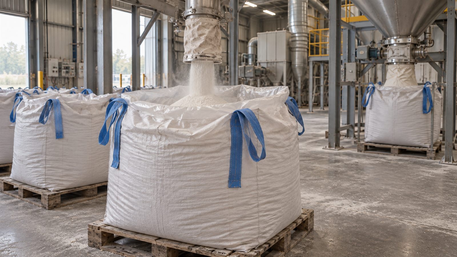 Fine powder FIBC handling setup with controlled fill, lined bag construction, and clean industrial discharge environment.