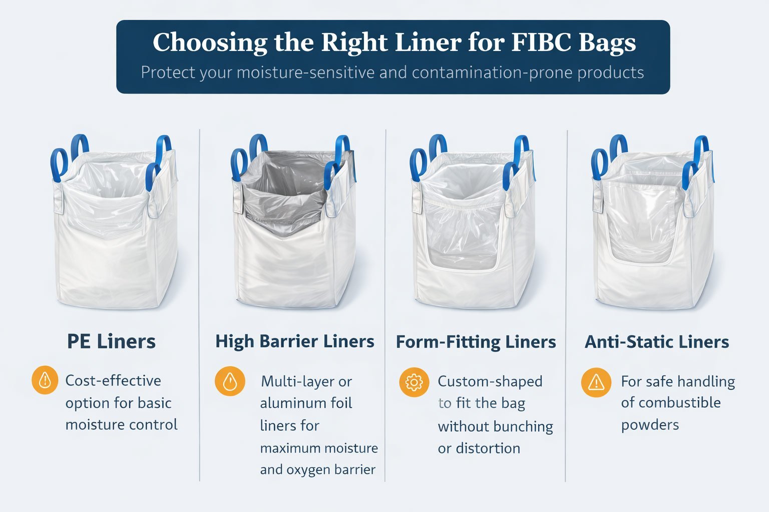 Open FIBC bag showing liner fit, attachment style, and fill access for moisture-sensitive powders or food ingredients.