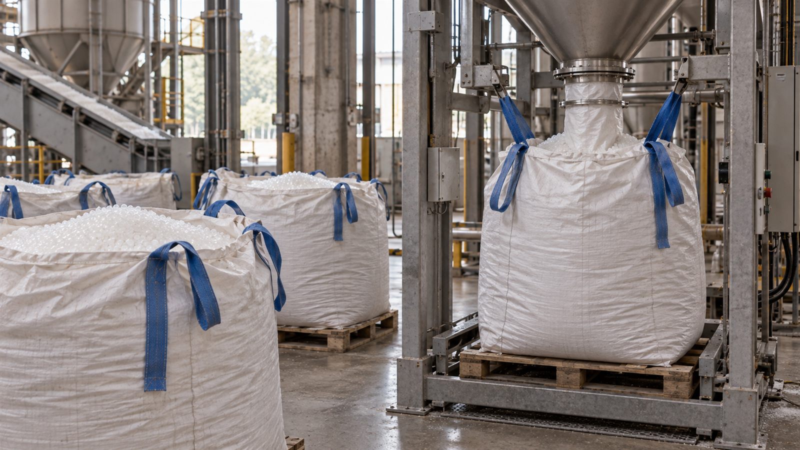 FIBC bags used for plastic resin and pellet handling with clean fill equipment, spout top access, and industrial unloading setup.