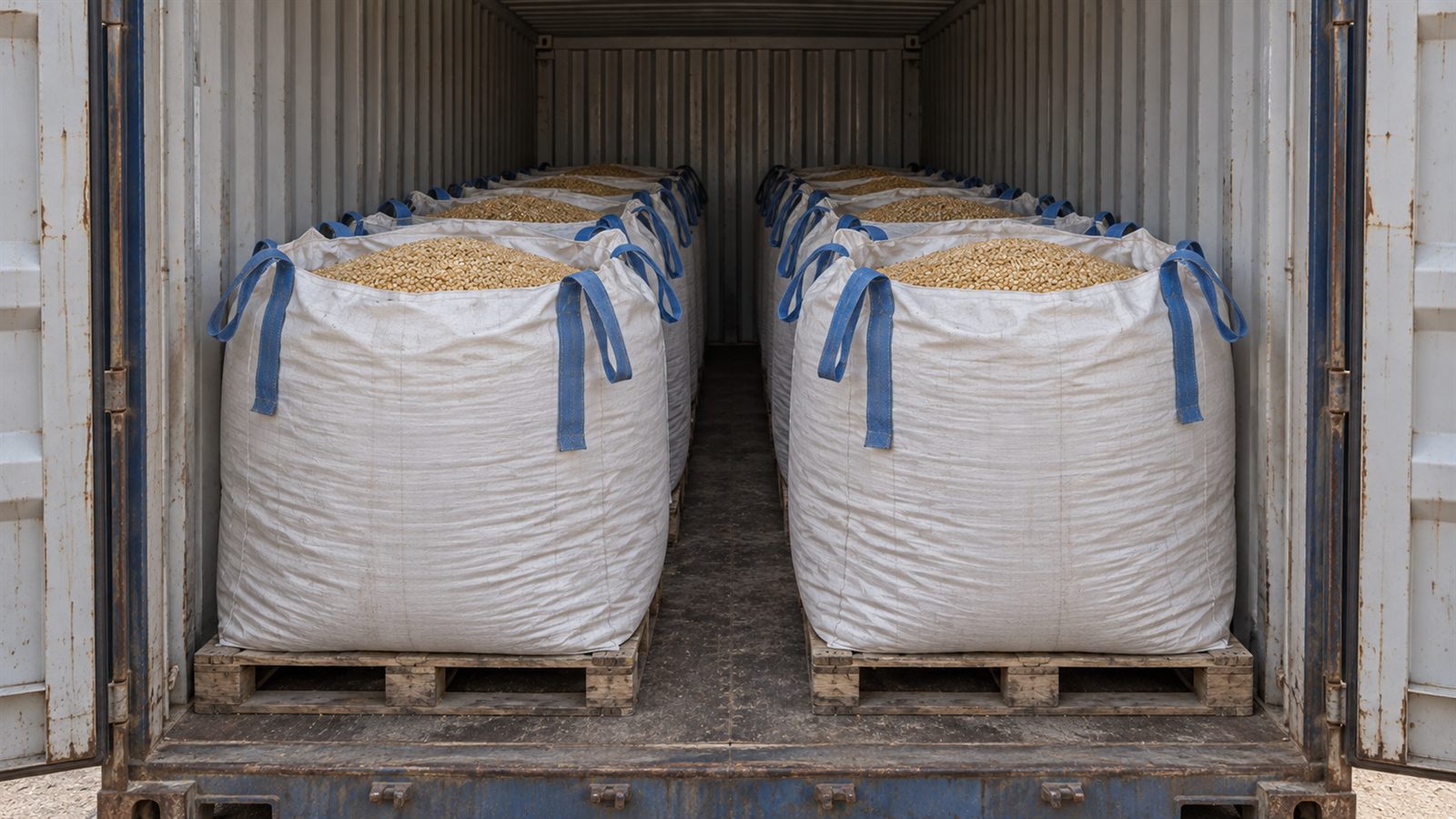 Form-stable Q bags loaded efficiently in a shipping container with square bag profiles and minimal wasted side-space.