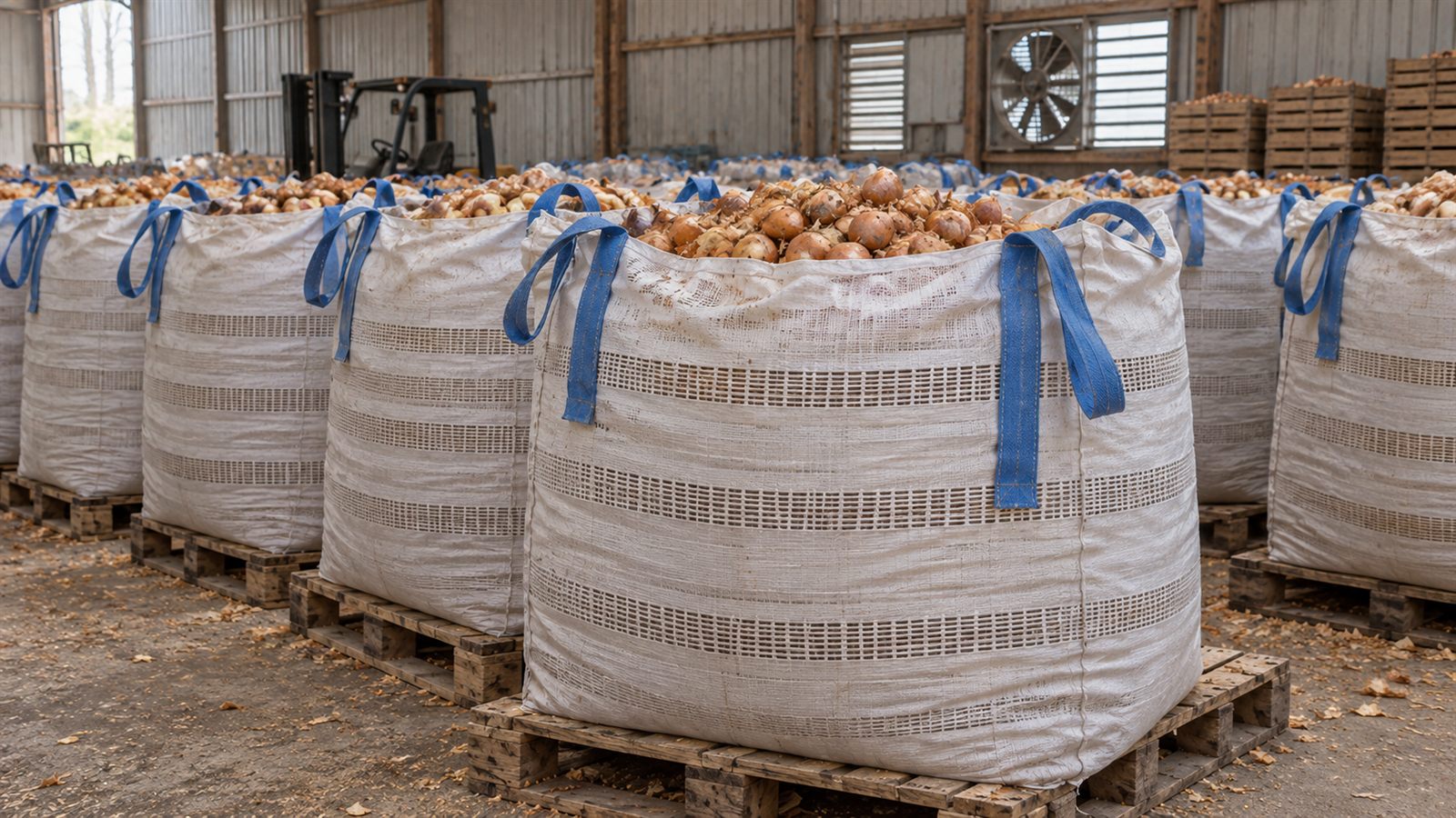 Ventilated FIBC bags filled with agricultural produce and stacked for storage with visible airflow channels in the fabric design.