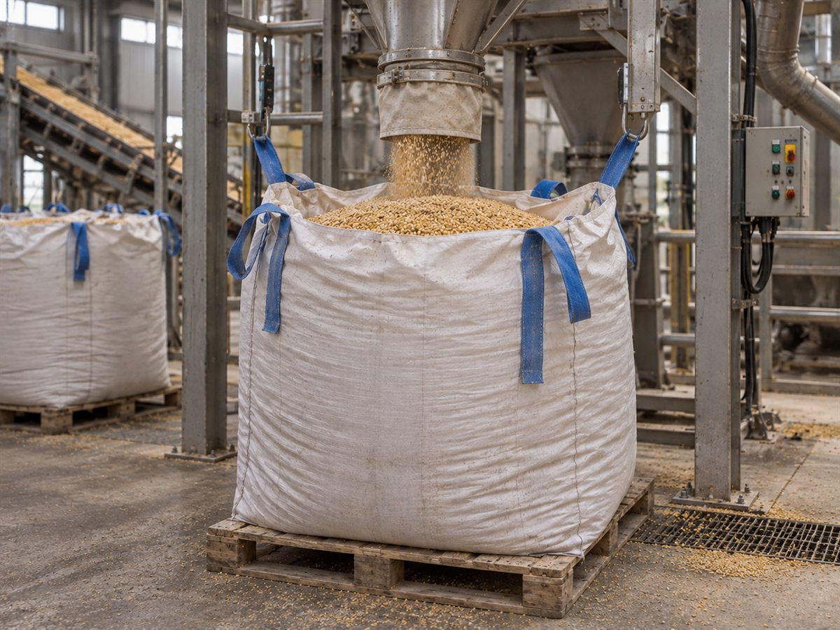 FIBC bulk bags staged for plant-level input handling in an industrial manufacturing facility.